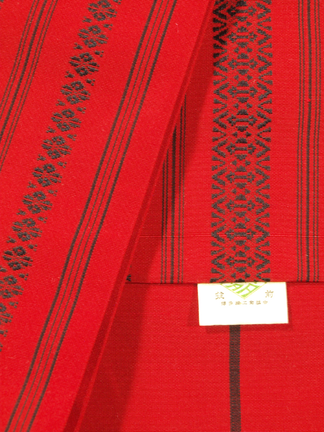 ★【本場筑前博多織】猩々緋色 黒色 博多文 半巾帯 半幅帯 小袋帯　TAME02015 風楽