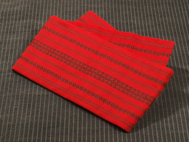 ★【本場筑前博多織】猩々緋色 黒色 博多文 半巾帯 半幅帯 小袋帯　TAME02015 風楽