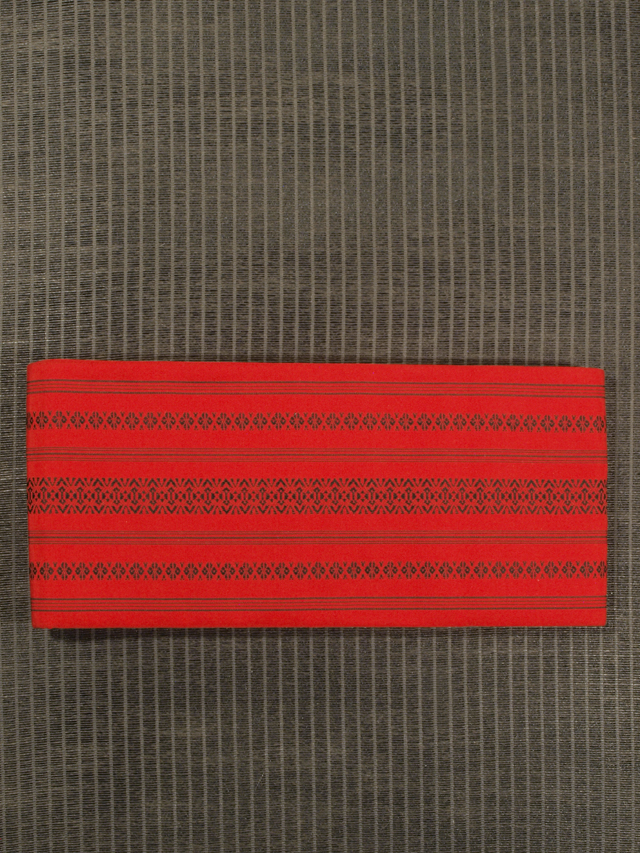 ★【本場筑前博多織】猩々緋色 黒色 博多文 半巾帯 半幅帯 小袋帯　TAME02015 風楽