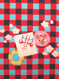 木綿 格子縞に歌舞伎柄 名古屋帯の生地の拡大